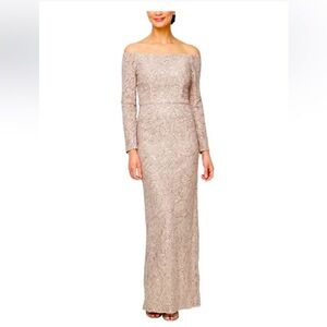 Alex Evenings Off the Shoulder Dress Sequence and Corded Buff Nude Color Size 8